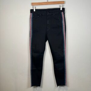 Mother High Waisted Looker Ankle Fray Black Guilty Glitter Racer Stripe Jeans 30